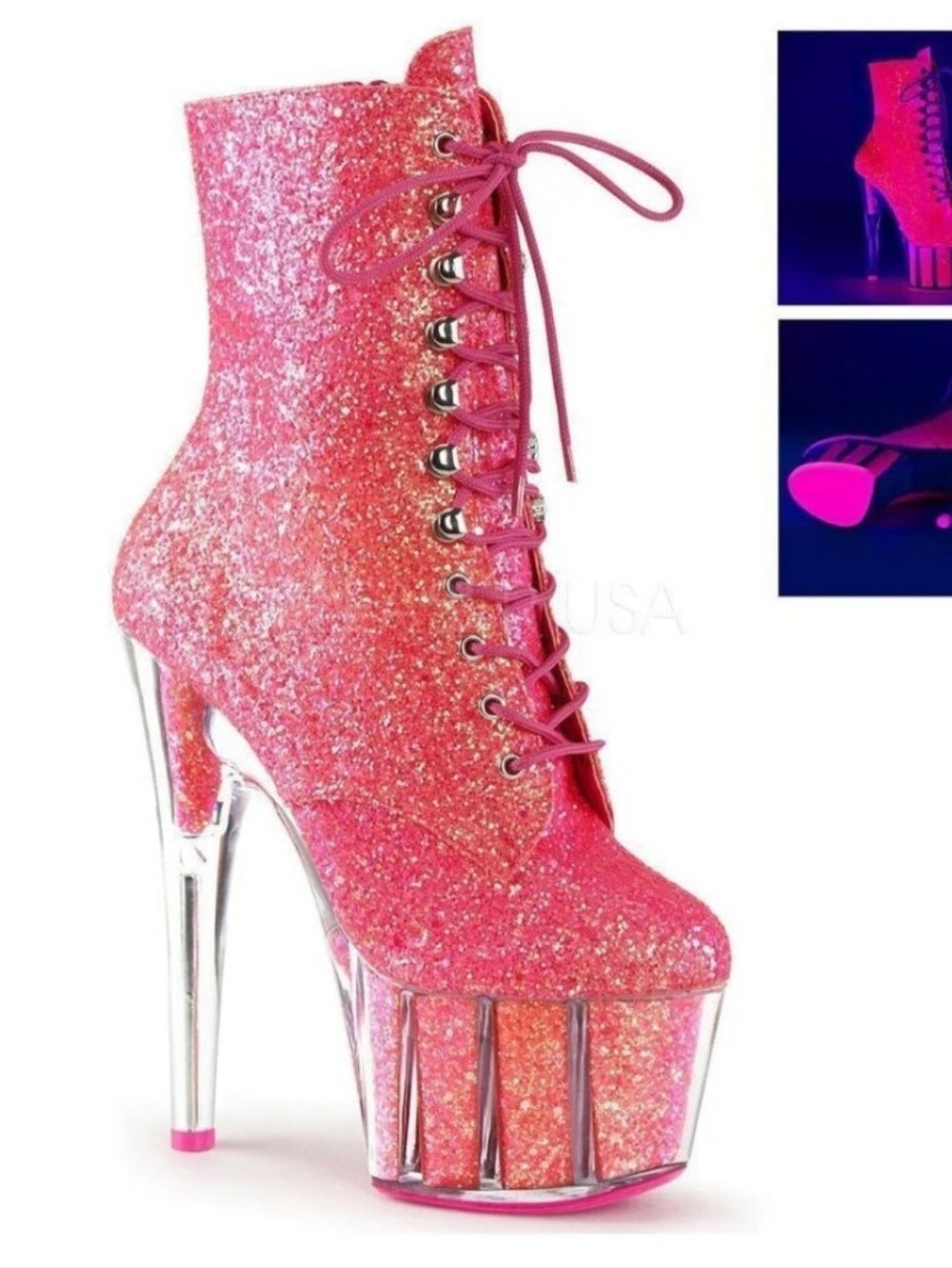 Pleaser Hot Pink Glitter Lace-Up Platform Stiletto Booties - Picture 3 of 14